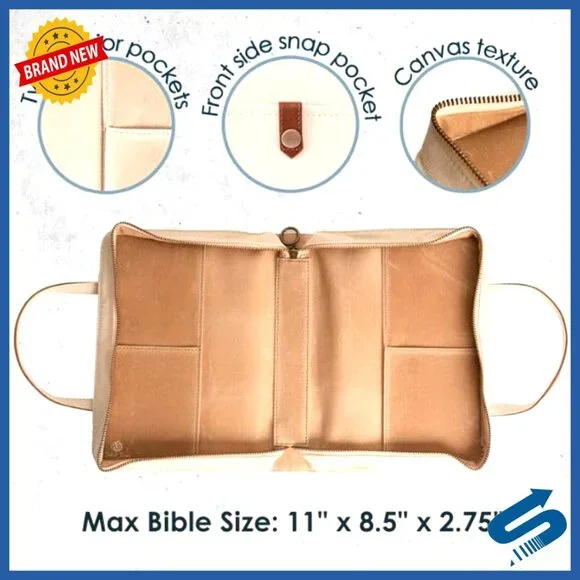 Canvas Bible Cover with Leather Handles Zippered Closure Minimalist Purse Style